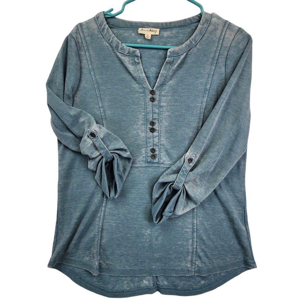 Jane and Delancey Blue Waffle Knit Henley Boho Cottagecore Roll Tab Sleeve Top M